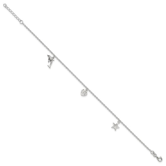 925 Sterling Silver Heart, Star and Dolphin Charms 9" + 1" Ext Jewelry Anklet - Picture 2 of 7